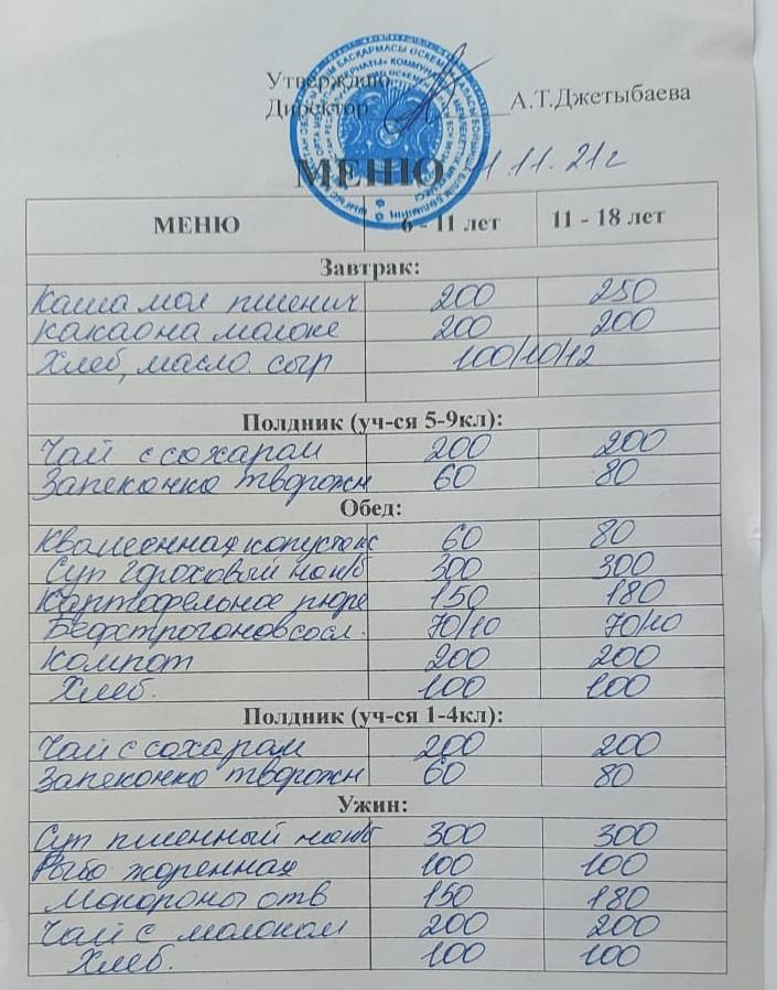 11.11.2021 жылғы ас мәзірі. Меню на 11.11.2021