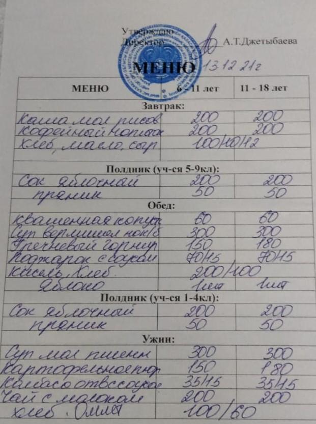 13-14.12.2021 жылғы ас мәзірі.Меню на 13 и 14  декабря