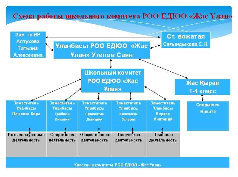 " Жас Ұлан"ББЖҰ РҚБ мектеп комитетінің жұмыс сызбасы . Схема работы школьного комитета РОО ЕДЮО "Жас Ұлан"